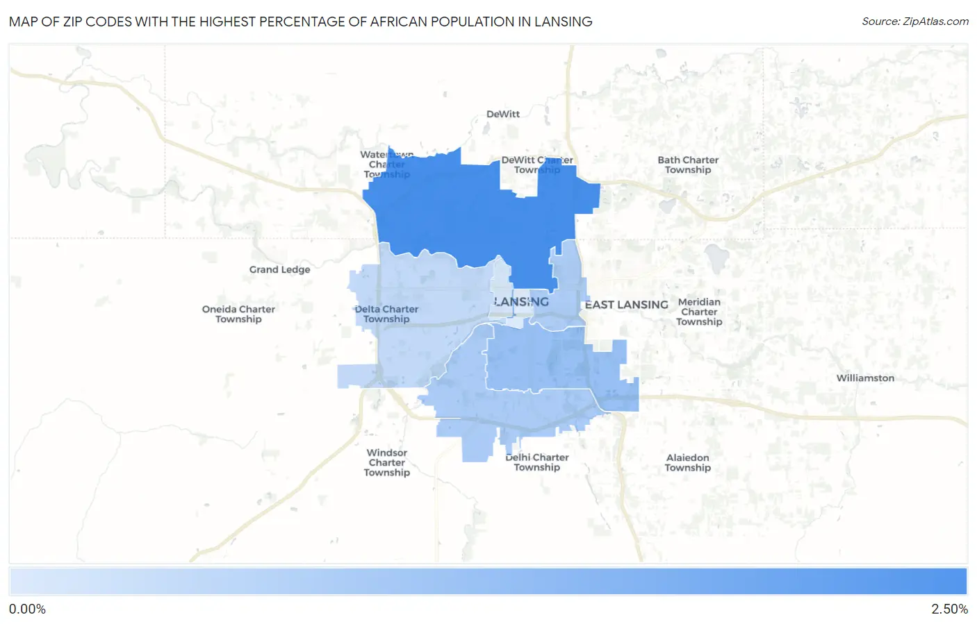 Zip Codes with the Highest Percentage of African Population in Lansing Map