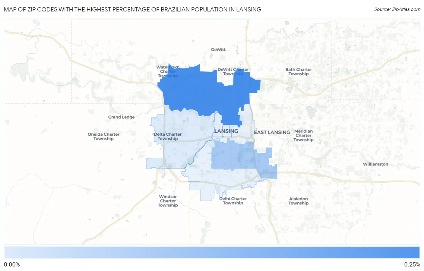 Zip Codes with the Highest Percentage of Brazilian Population in Lansing Map
