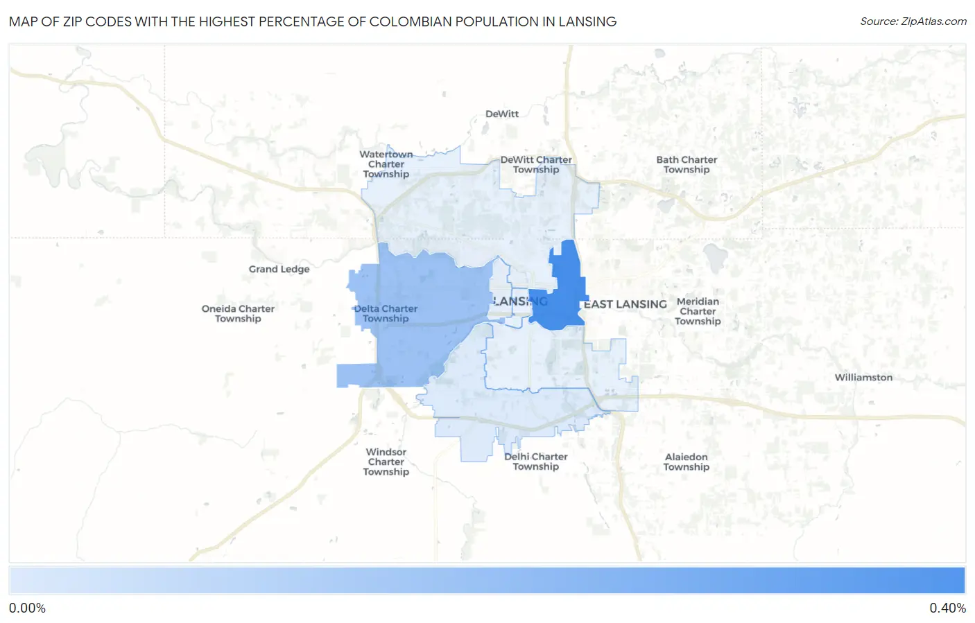 Zip Codes with the Highest Percentage of Colombian Population in Lansing Map