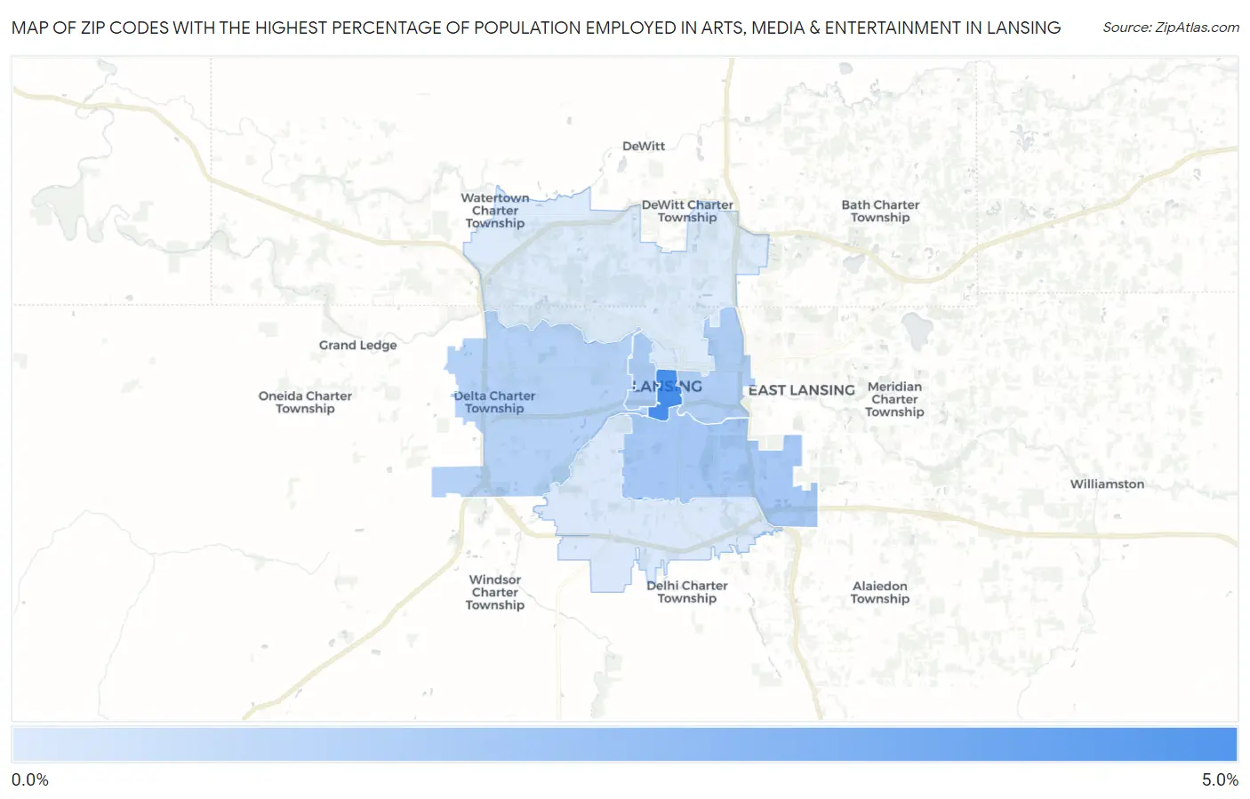 Zip Codes with the Highest Percentage of Population Employed in Arts, Media & Entertainment in Lansing Map
