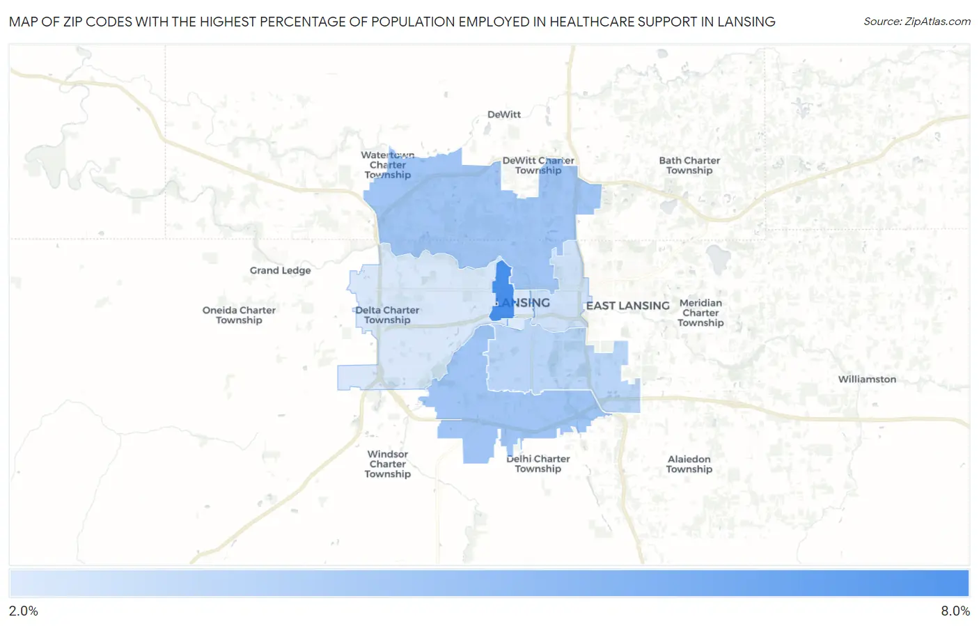 Zip Codes with the Highest Percentage of Population Employed in Healthcare Support in Lansing Map