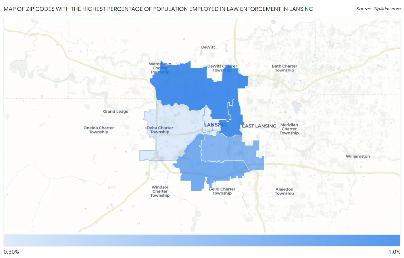 Zip Codes with the Highest Percentage of Population Employed in Law Enforcement in Lansing Map