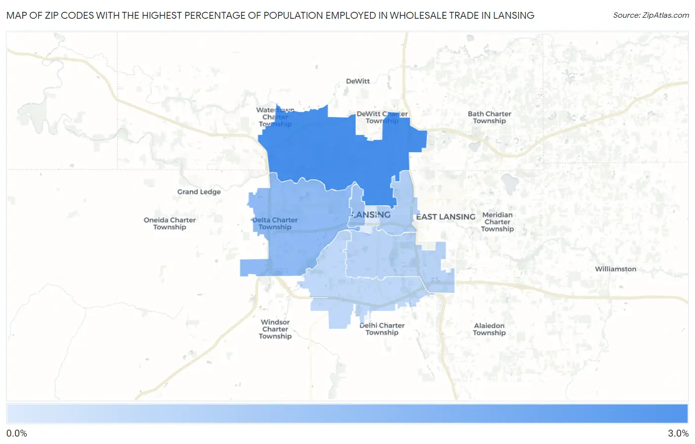 Zip Codes with the Highest Percentage of Population Employed in Wholesale Trade in Lansing Map