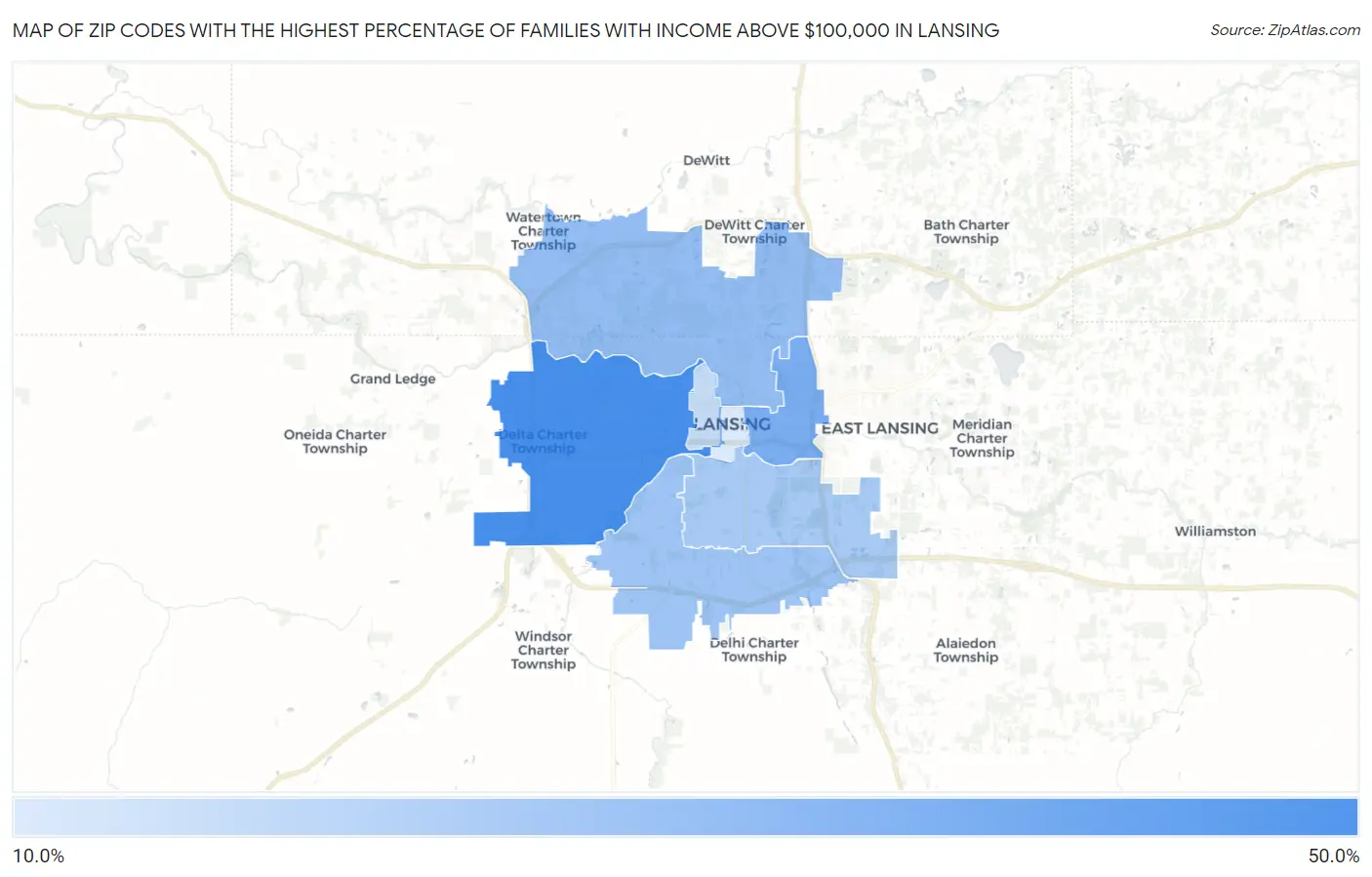 Zip Codes with the Highest Percentage of Families with Income Above $100,000 in Lansing Map