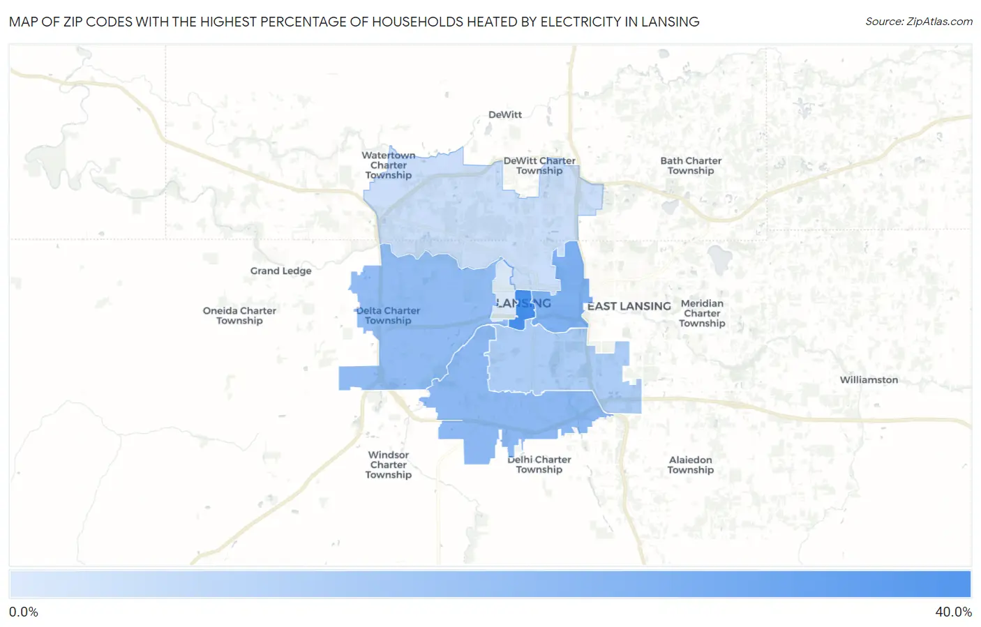 Zip Codes with the Highest Percentage of Households Heated by Electricity in Lansing Map
