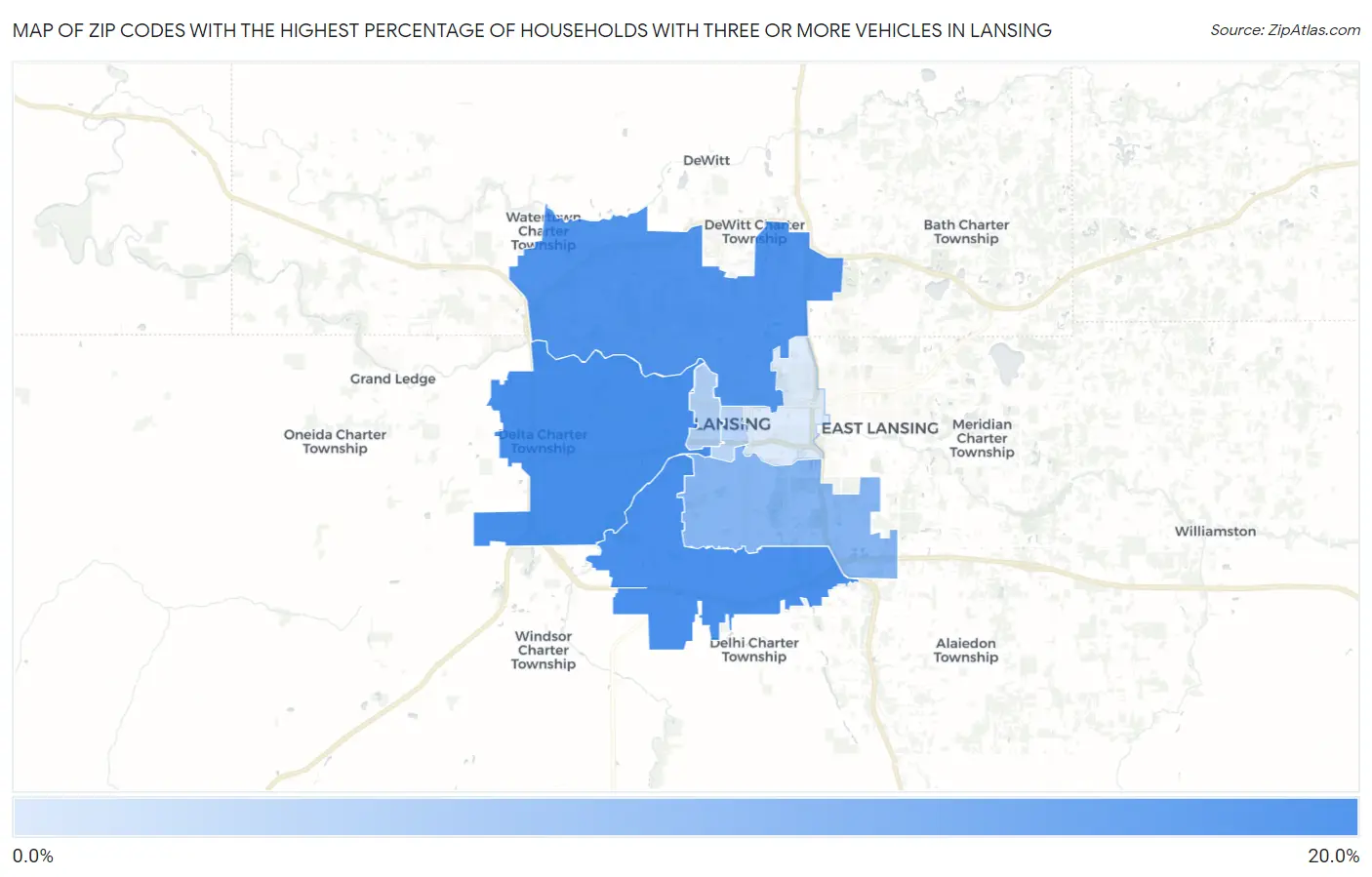 Zip Codes with the Highest Percentage of Households With Three or more Vehicles in Lansing Map
