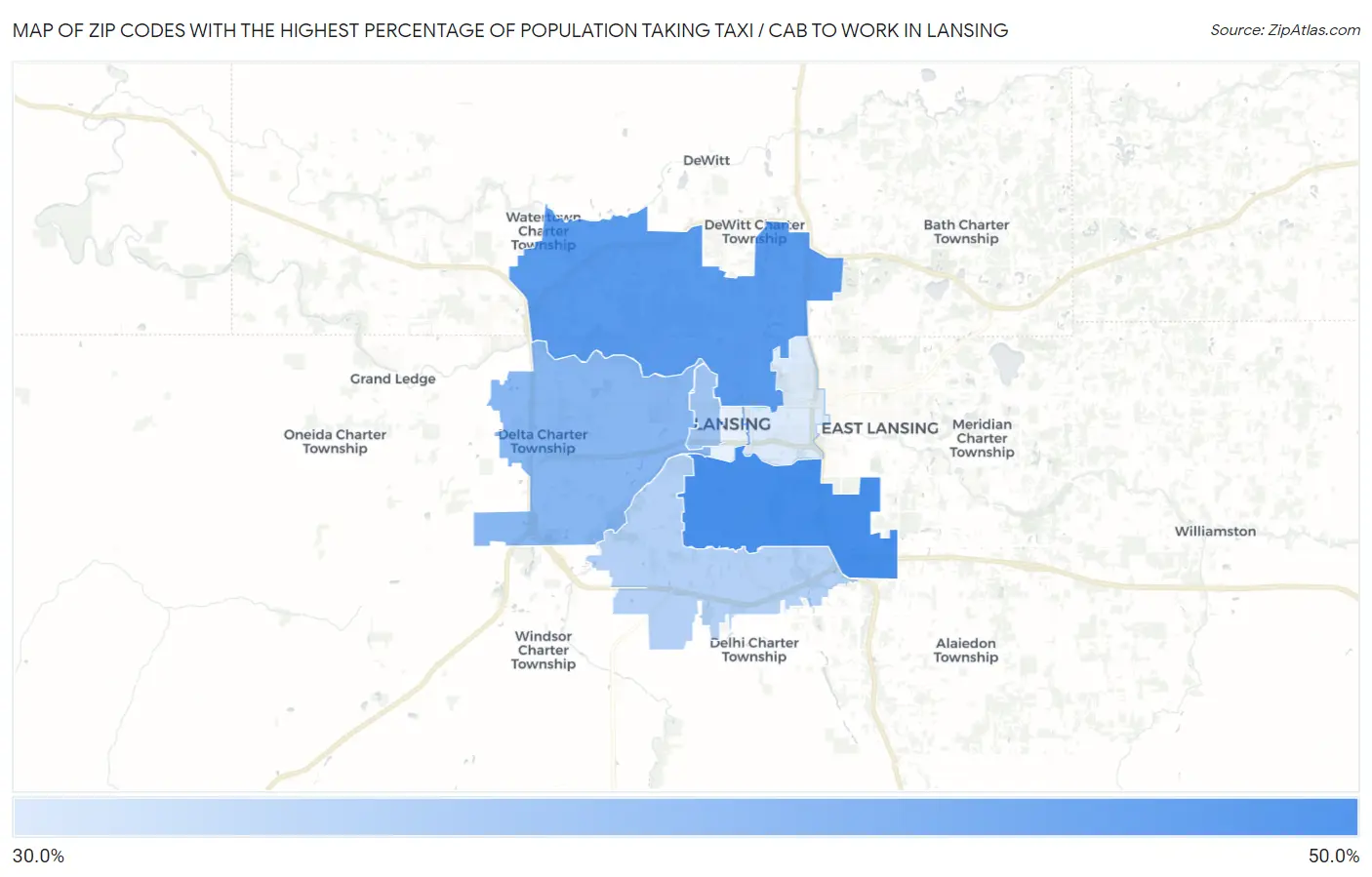 Zip Codes with the Highest Percentage of Population Taking Taxi / Cab to Work in Lansing Map