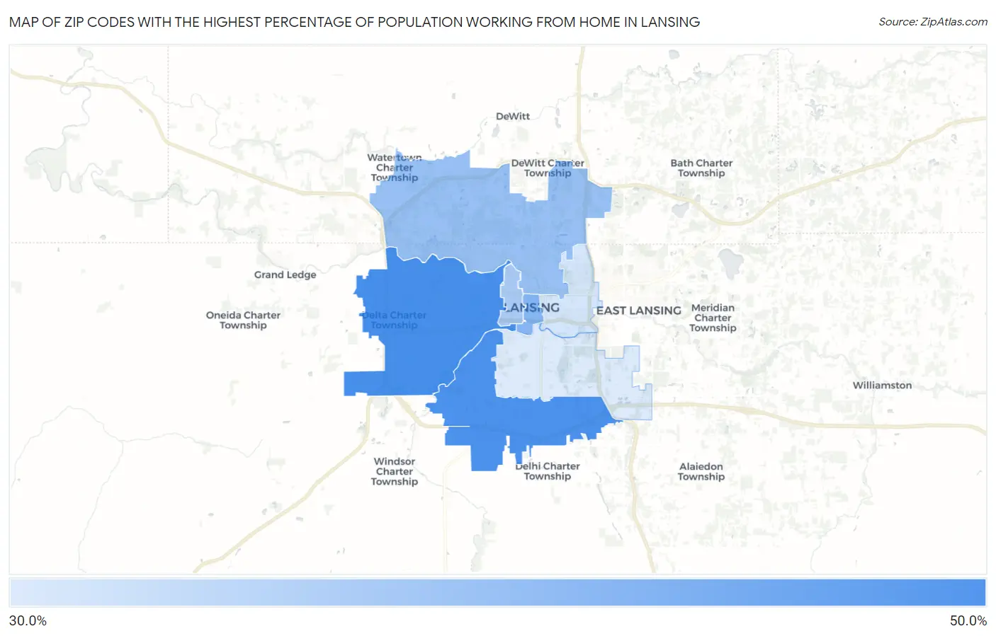 Zip Codes with the Highest Percentage of Population Working from Home in Lansing Map