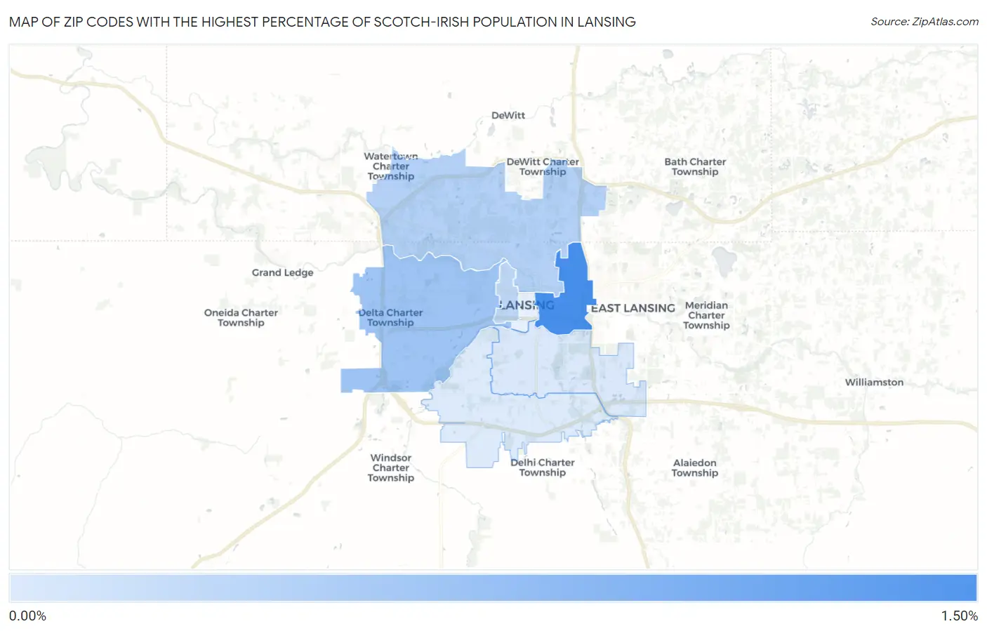 Zip Codes with the Highest Percentage of Scotch-Irish Population in Lansing Map