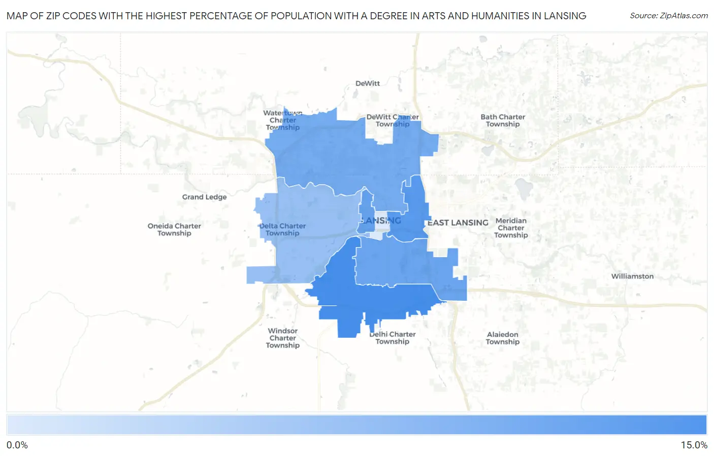 Zip Codes with the Highest Percentage of Population with a Degree in Arts and Humanities in Lansing Map