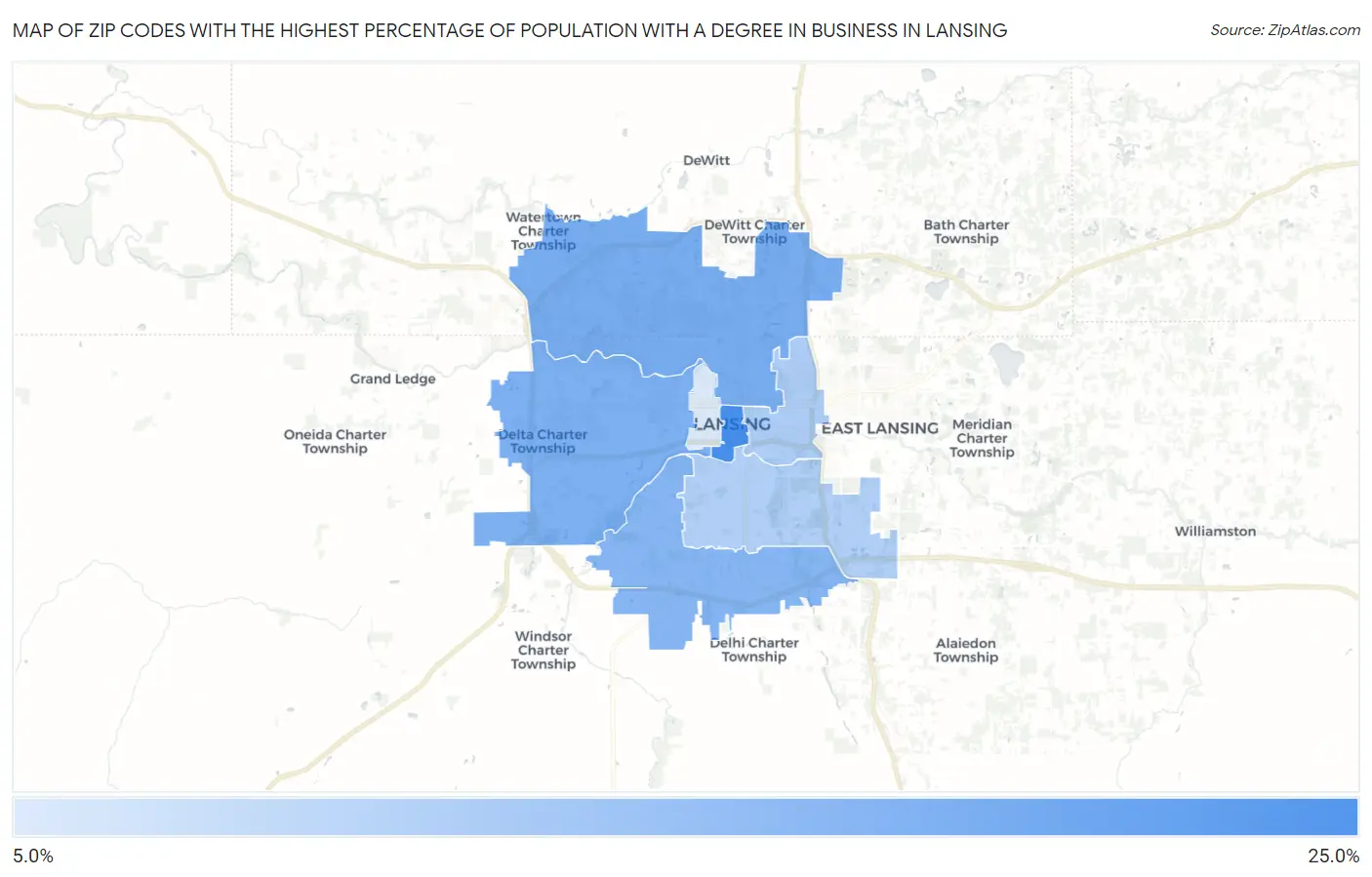 Zip Codes with the Highest Percentage of Population with a Degree in Business in Lansing Map