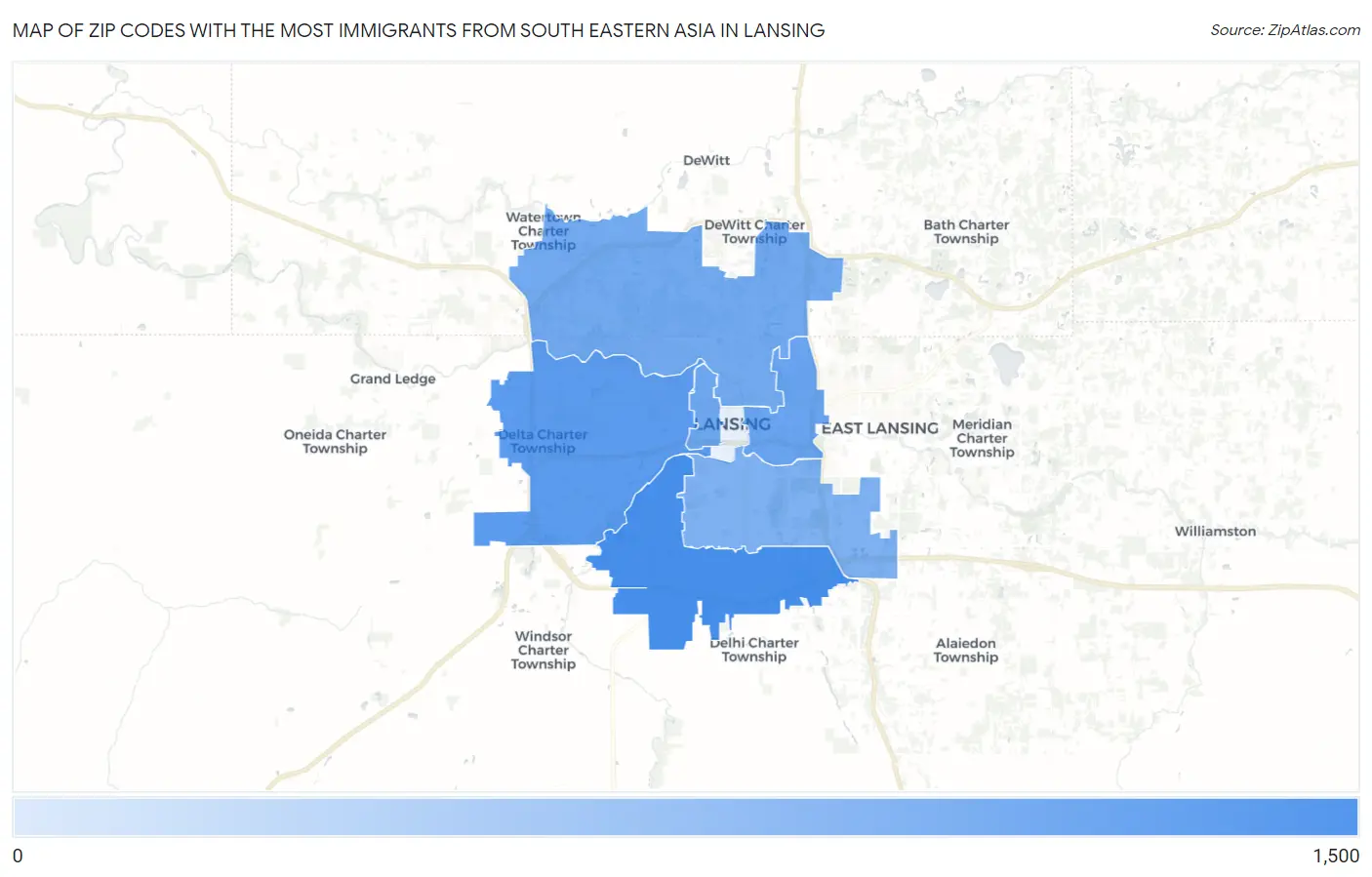 Zip Codes with the Most Immigrants from South Eastern Asia in Lansing Map