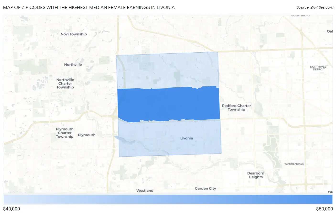 Zip Codes with the Highest Median Female Earnings in Livonia Map