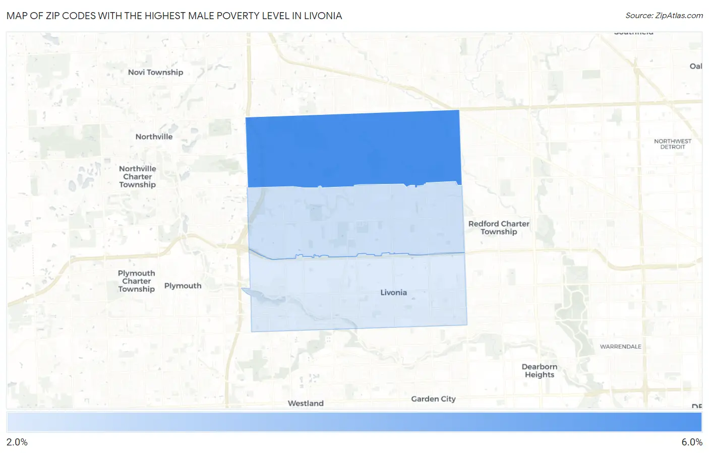 Zip Codes with the Highest Male Poverty Level in Livonia Map