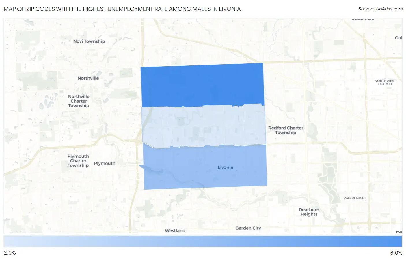 Zip Codes with the Highest Unemployment Rate Among Males in Livonia Map