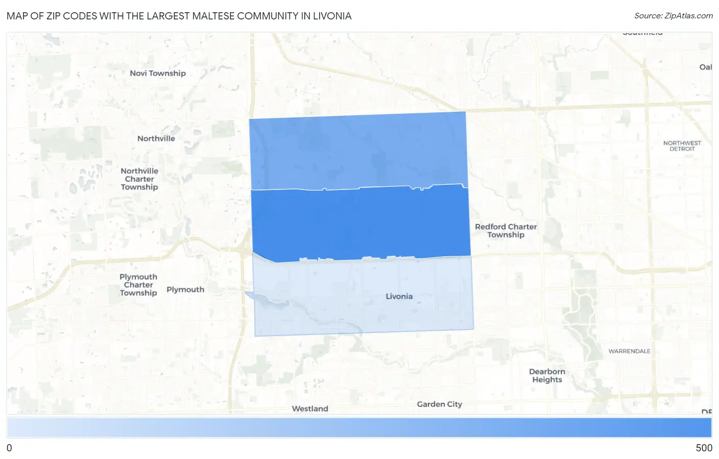 Zip Codes with the Largest Maltese Community in Livonia Map