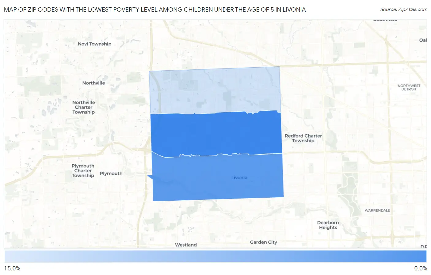 Zip Codes with the Lowest Poverty Level Among Children Under the Age of 5 in Livonia Map