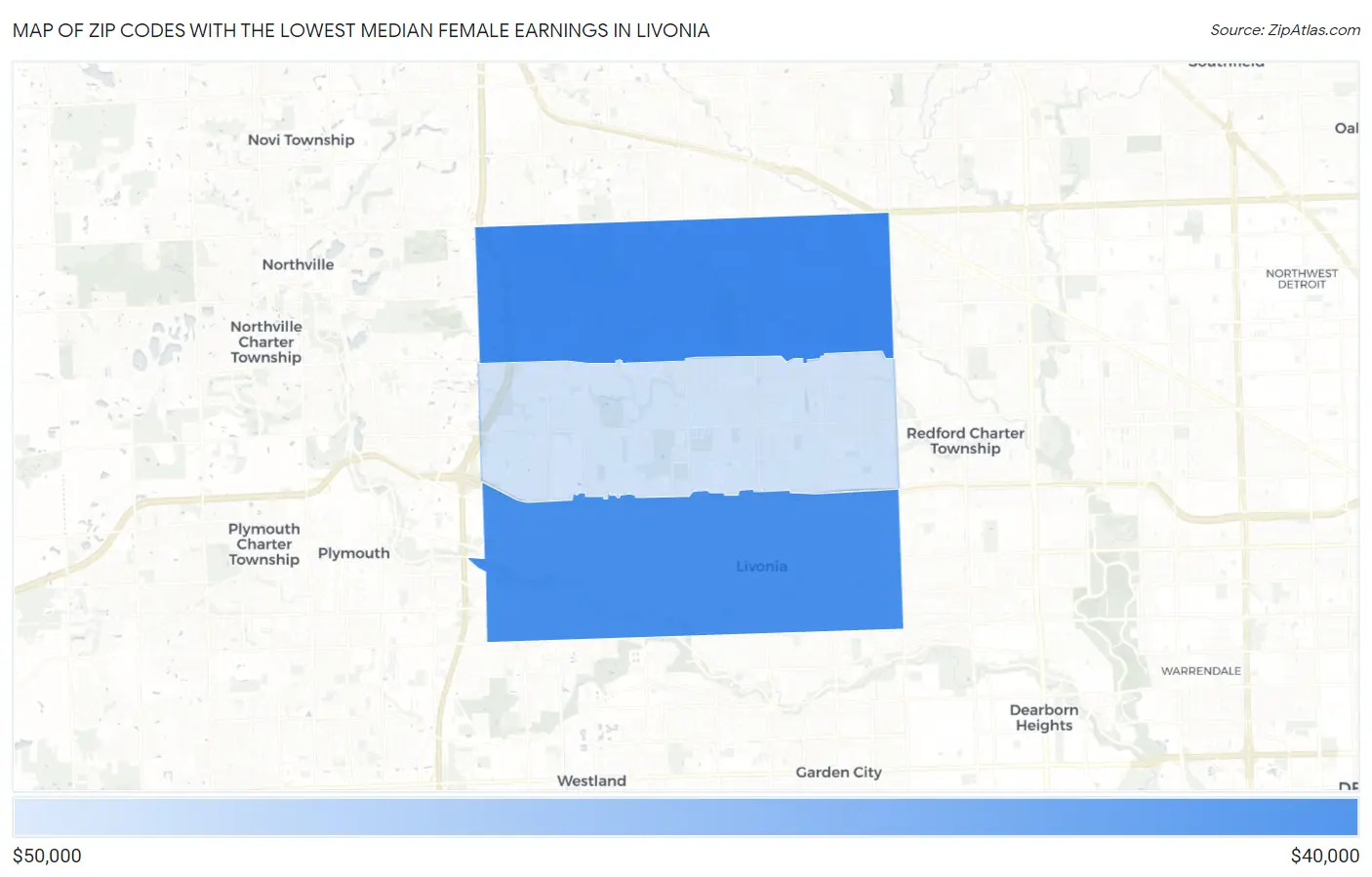 Zip Codes with the Lowest Median Female Earnings in Livonia Map