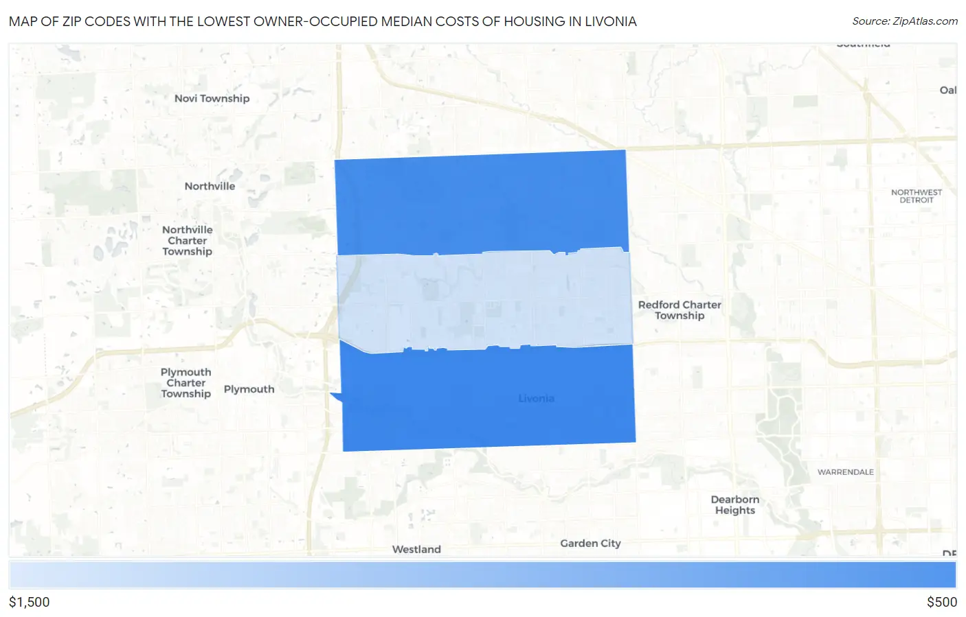 Zip Codes with the Lowest Owner-Occupied Median Costs of Housing in Livonia Map