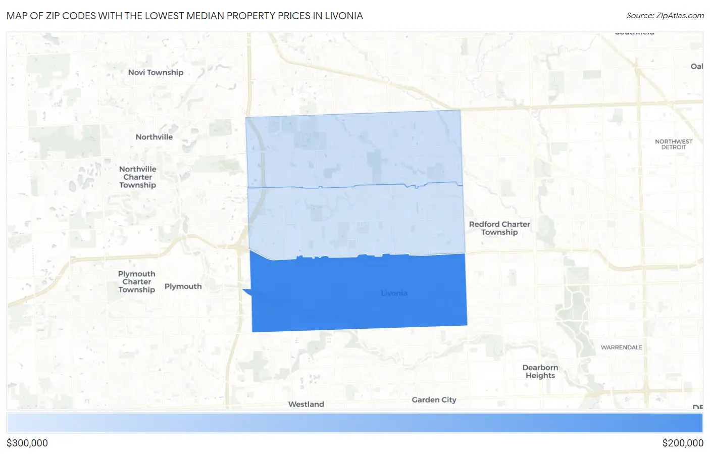 Zip Codes with the Lowest Median Property Prices in Livonia Map