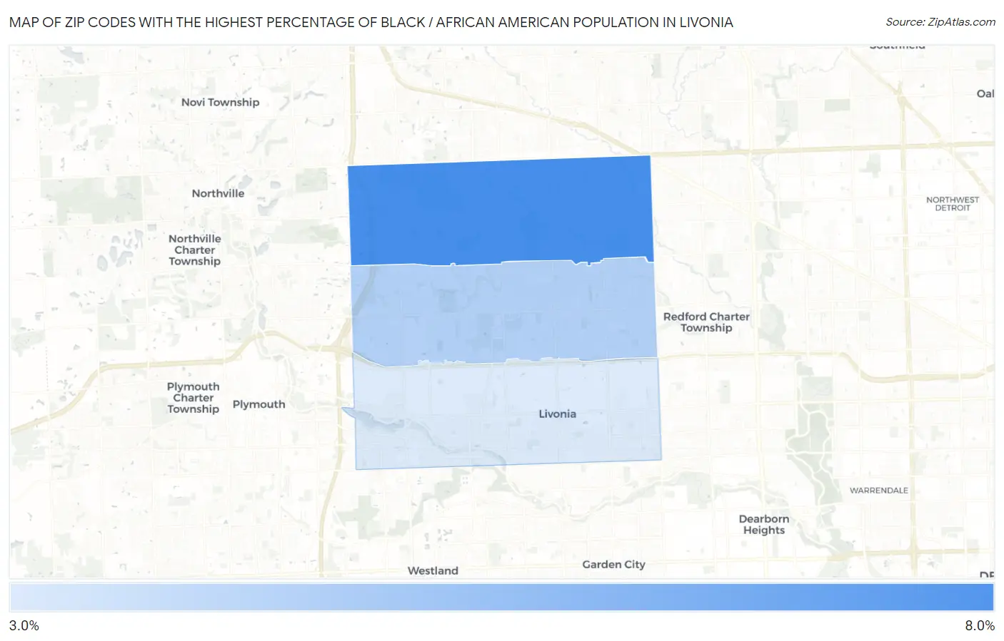 Zip Codes with the Highest Percentage of Black / African American Population in Livonia Map