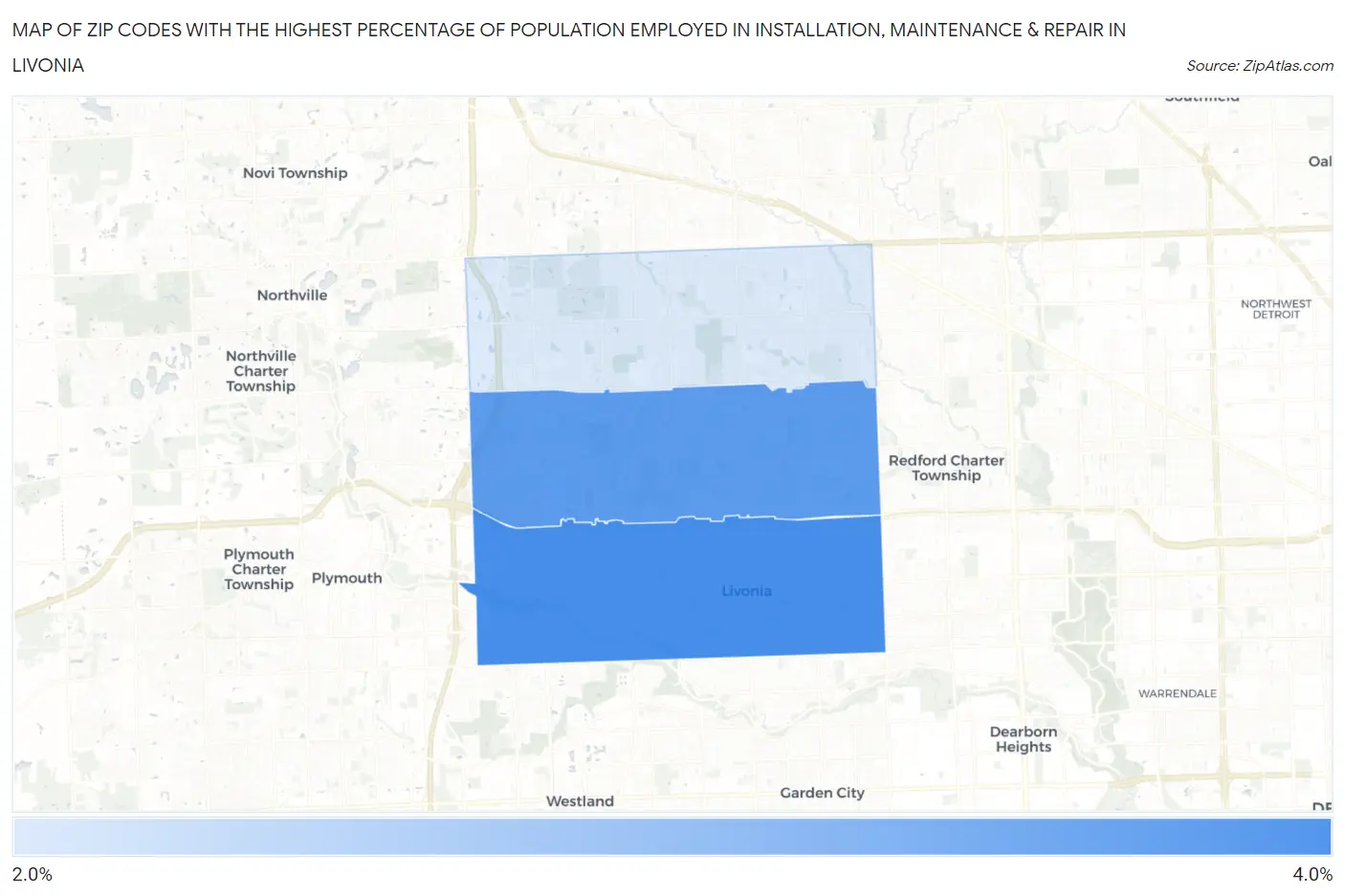 Zip Codes with the Highest Percentage of Population Employed in Installation, Maintenance & Repair in Livonia Map