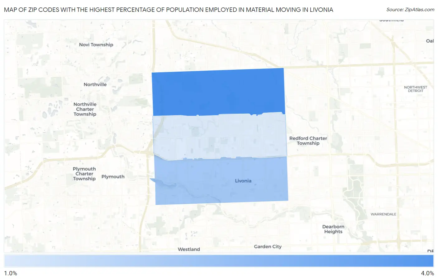 Zip Codes with the Highest Percentage of Population Employed in Material Moving in Livonia Map