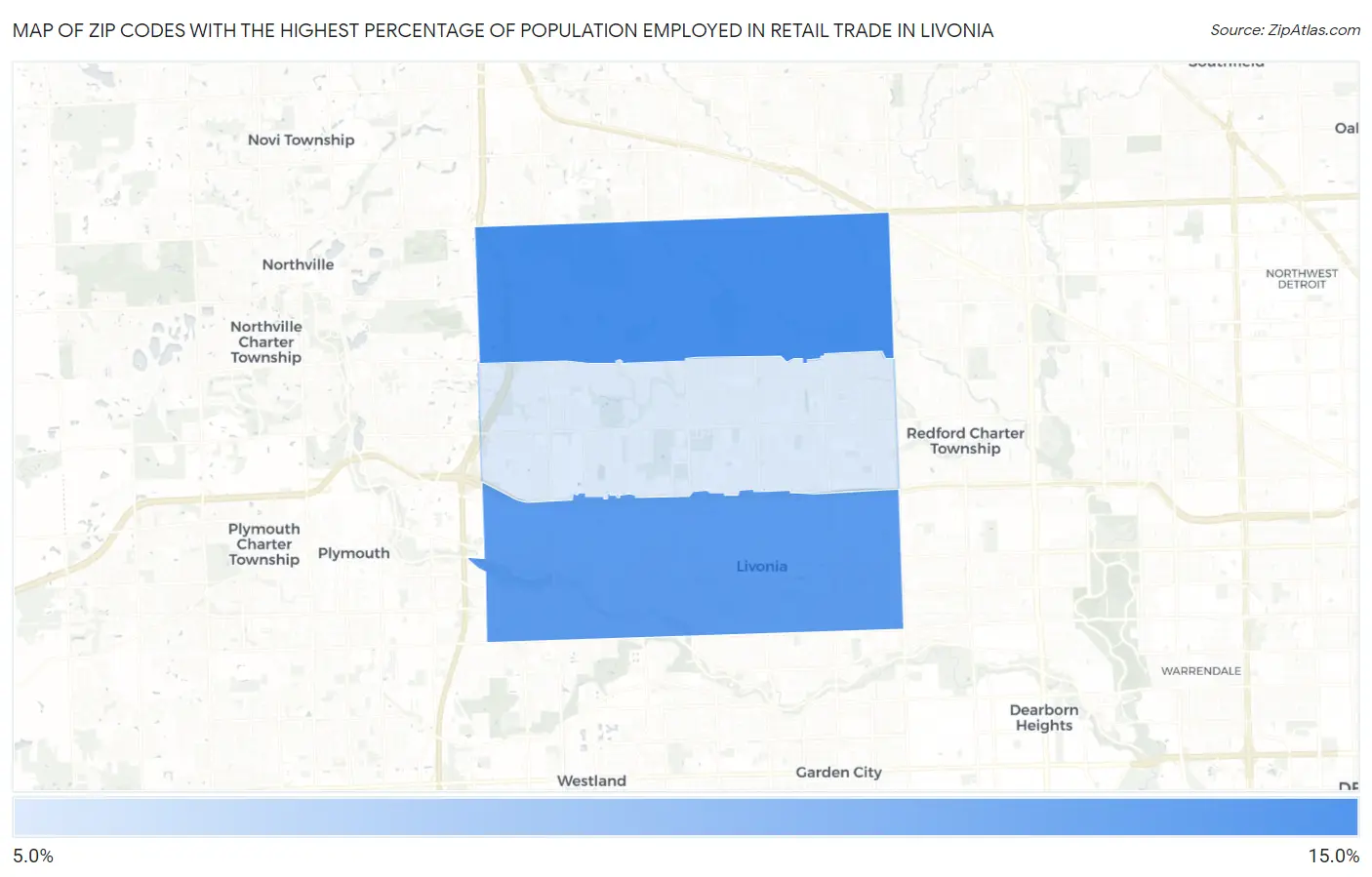 Zip Codes with the Highest Percentage of Population Employed in Retail Trade in Livonia Map