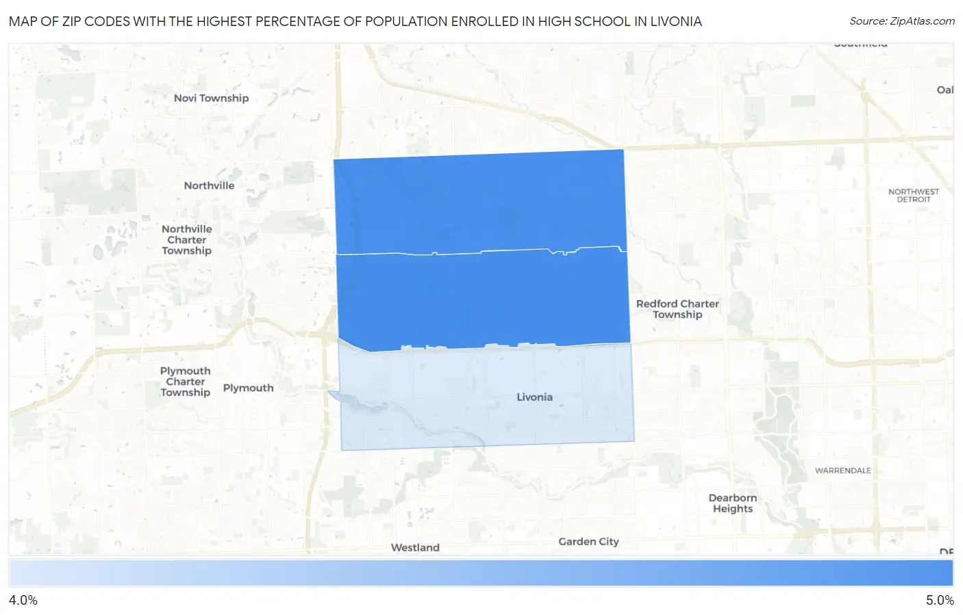 Zip Codes with the Highest Percentage of Population Enrolled in High School in Livonia Map