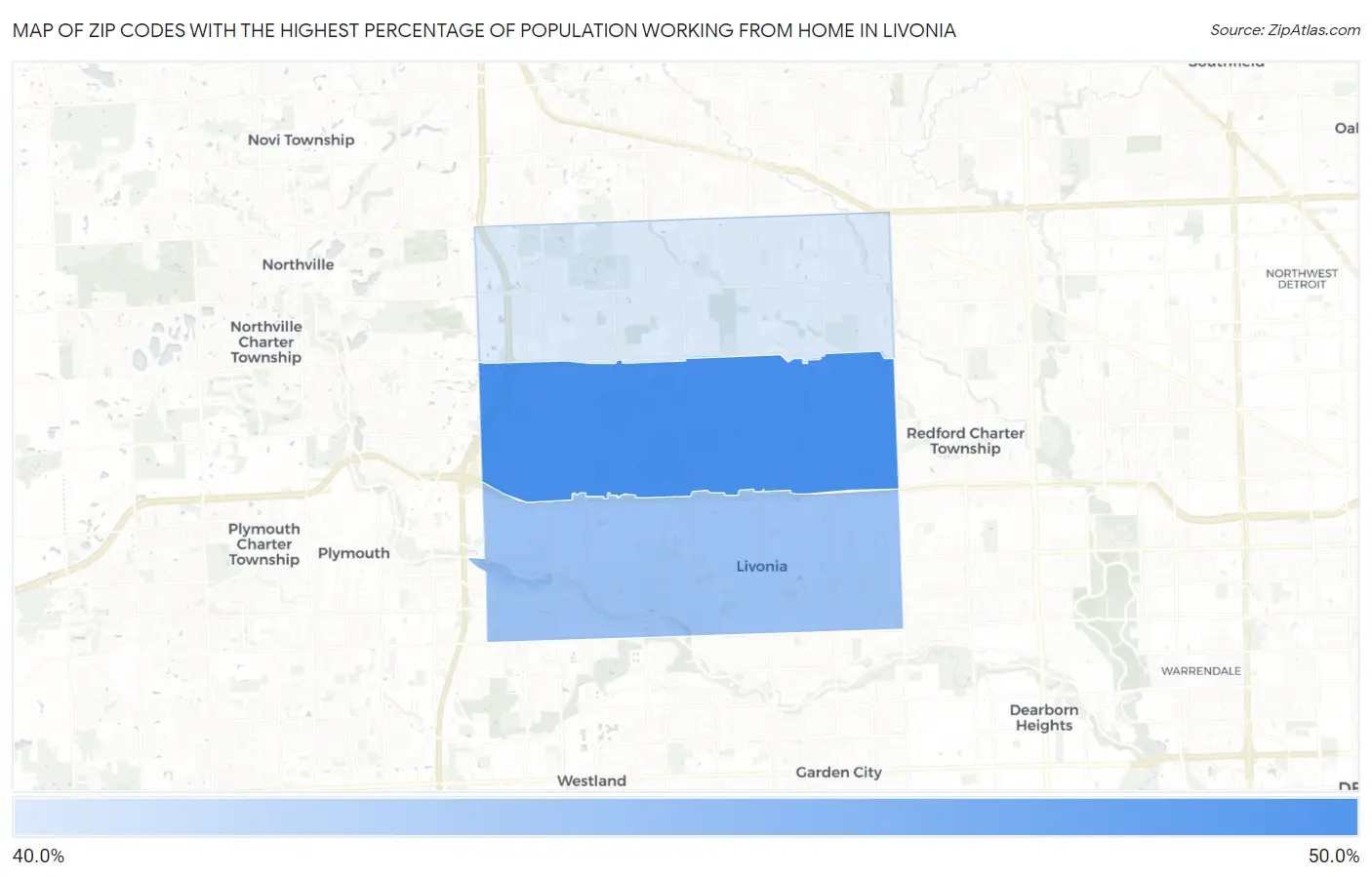 Zip Codes with the Highest Percentage of Population Working from Home in Livonia Map