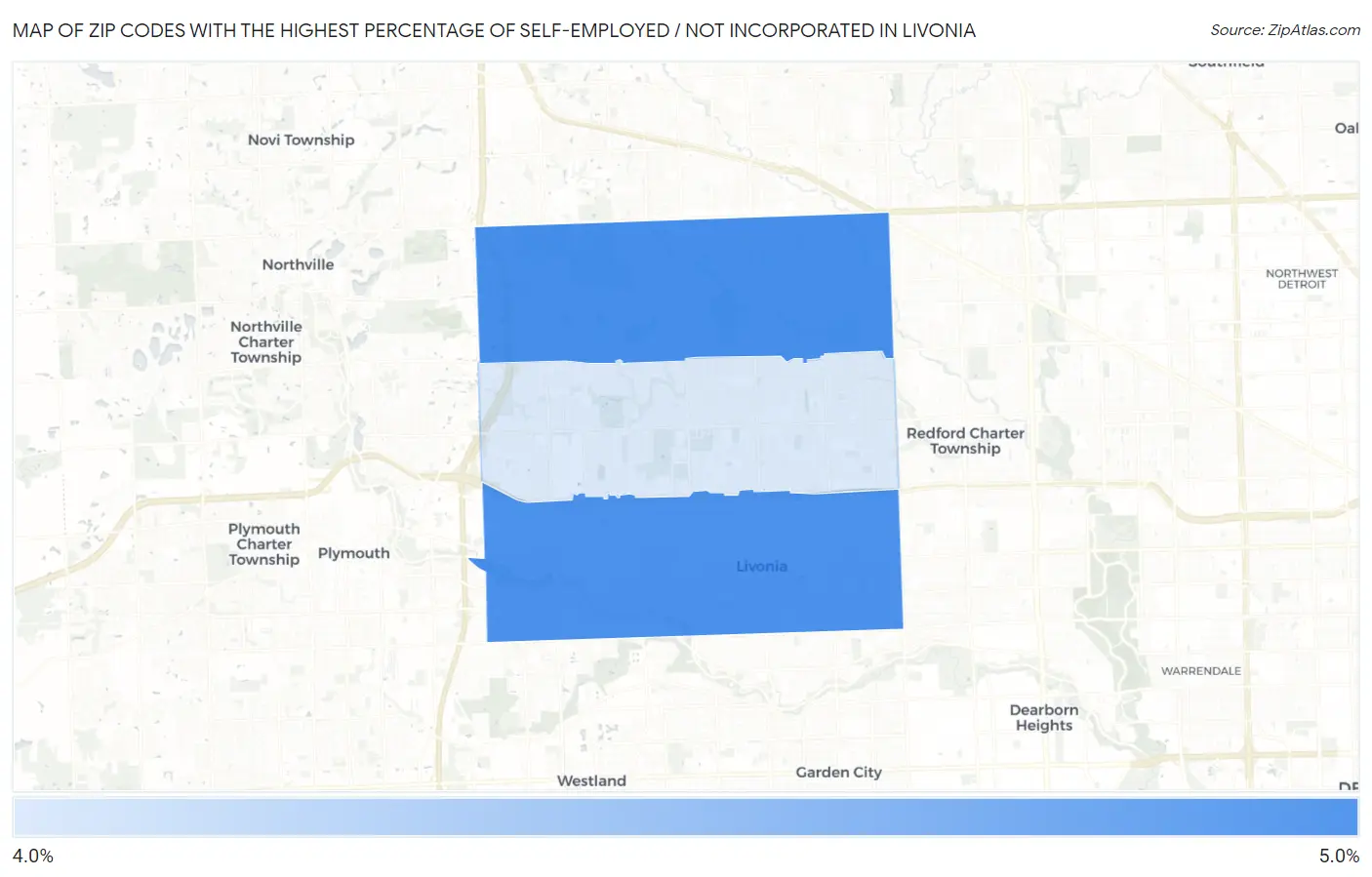 Zip Codes with the Highest Percentage of Self-Employed / Not Incorporated in Livonia Map