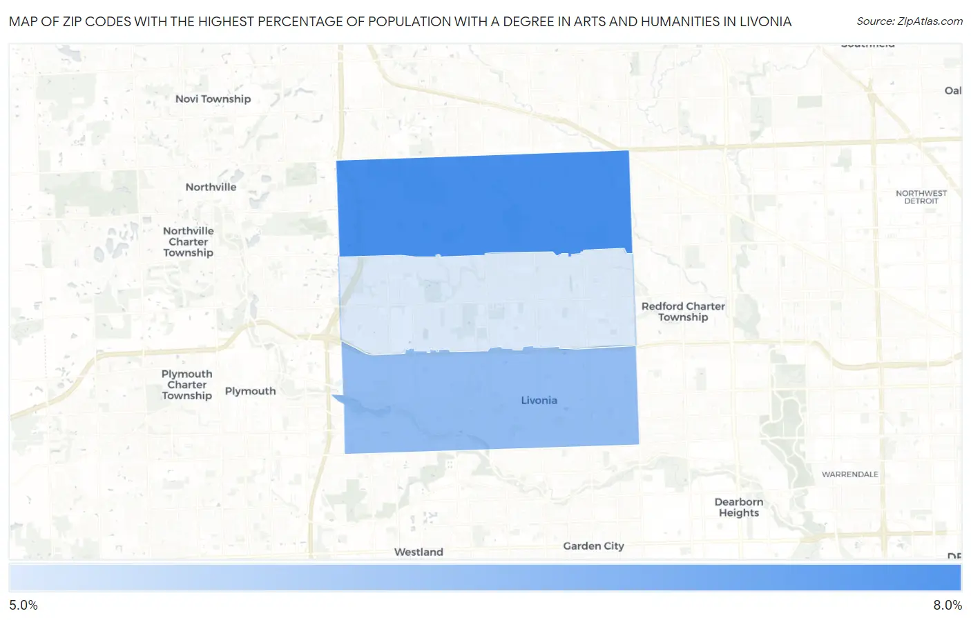Zip Codes with the Highest Percentage of Population with a Degree in Arts and Humanities in Livonia Map