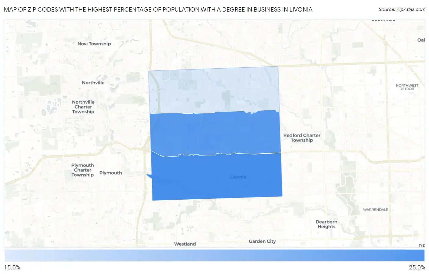 Zip Codes with the Highest Percentage of Population with a Degree in Business in Livonia Map
