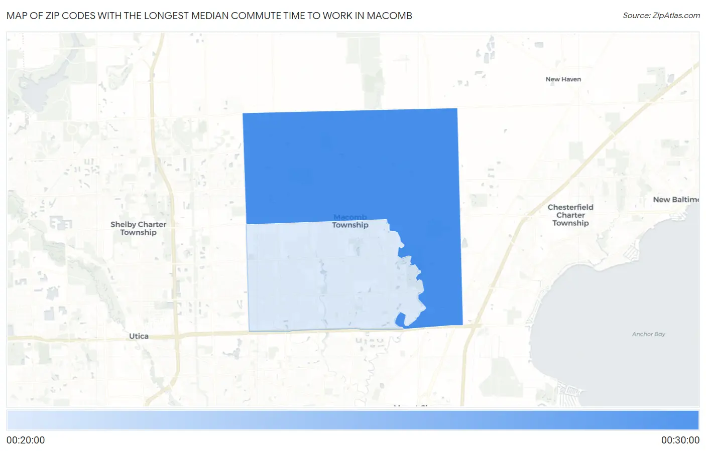 Zip Codes with the Longest Median Commute Time to Work in Macomb Map
