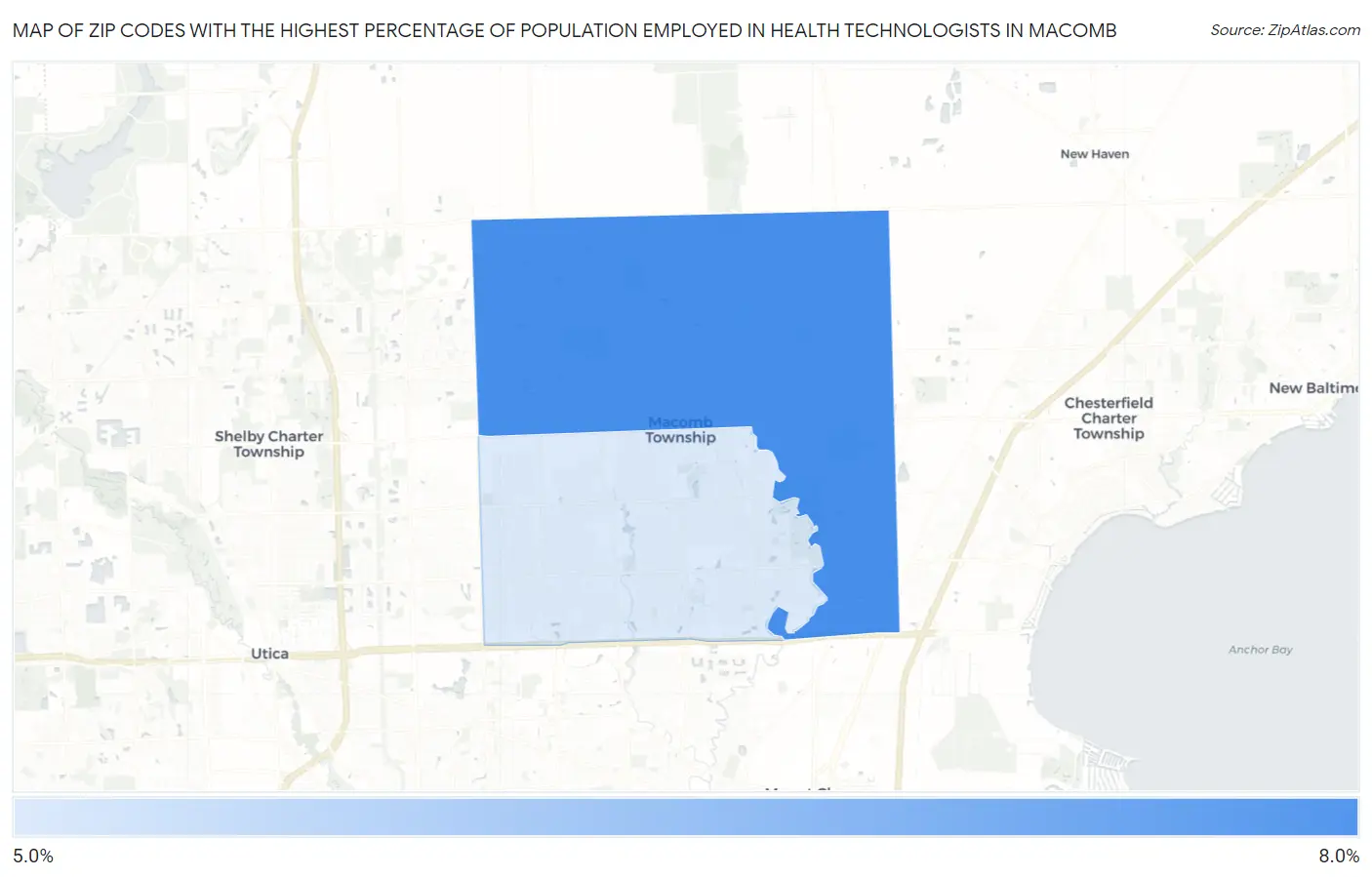 Zip Codes with the Highest Percentage of Population Employed in Health Technologists in Macomb Map