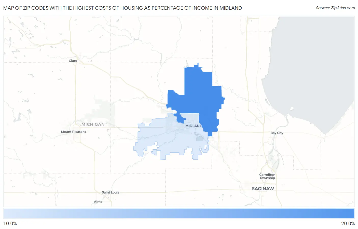 Zip Codes with the Highest Costs of Housing as Percentage of Income in Midland Map
