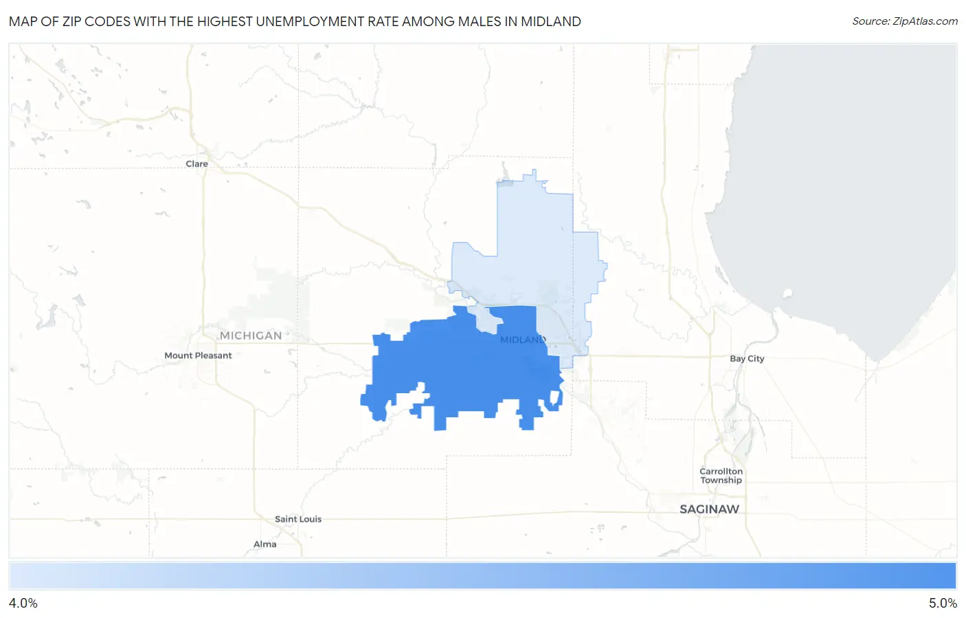 Zip Codes with the Highest Unemployment Rate Among Males in Midland Map