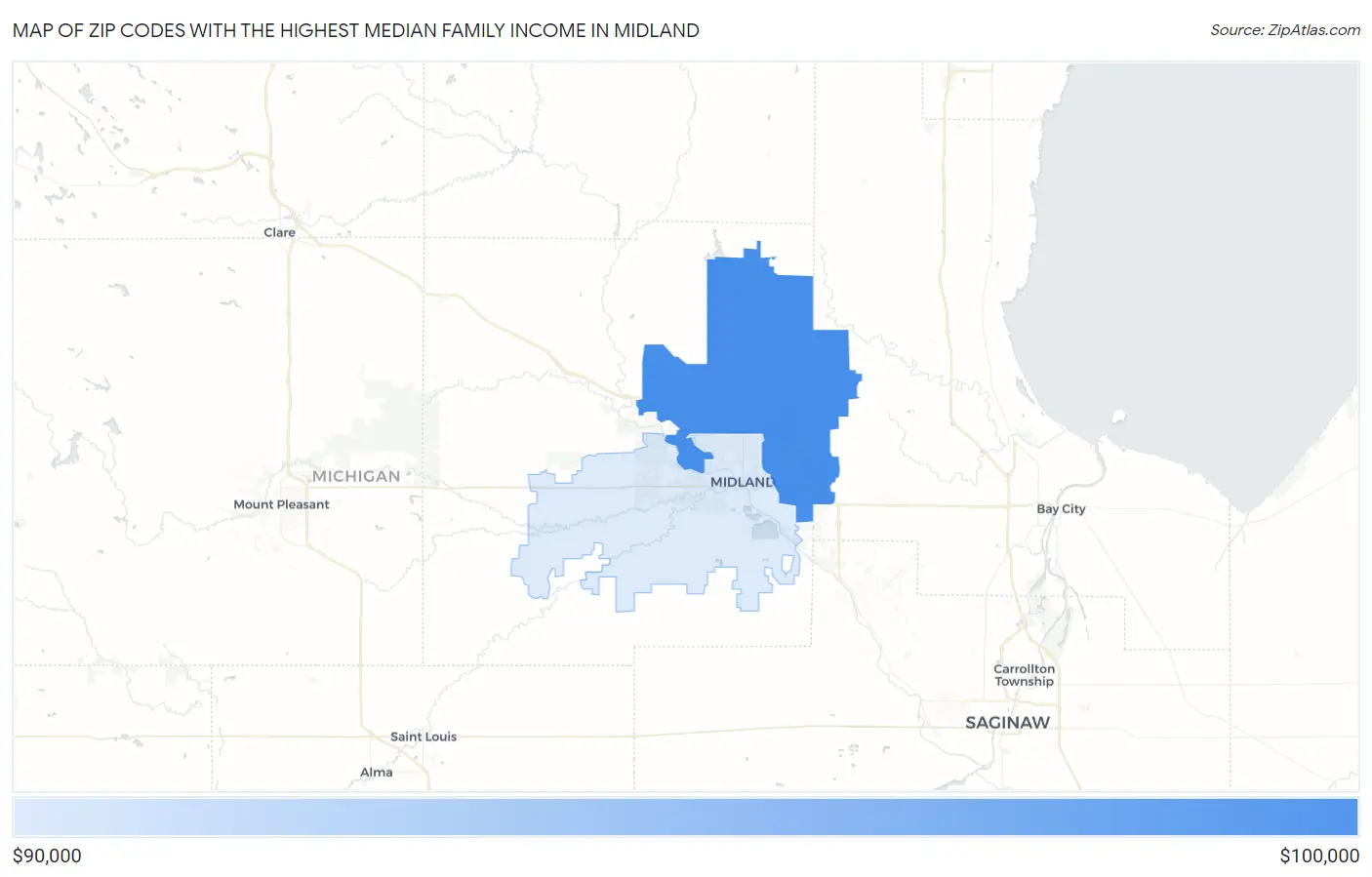 Zip Codes with the Highest Median Family Income in Midland Map