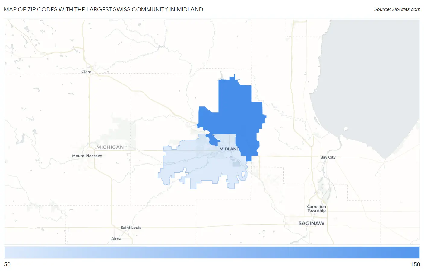 Zip Codes with the Largest Swiss Community in Midland Map
