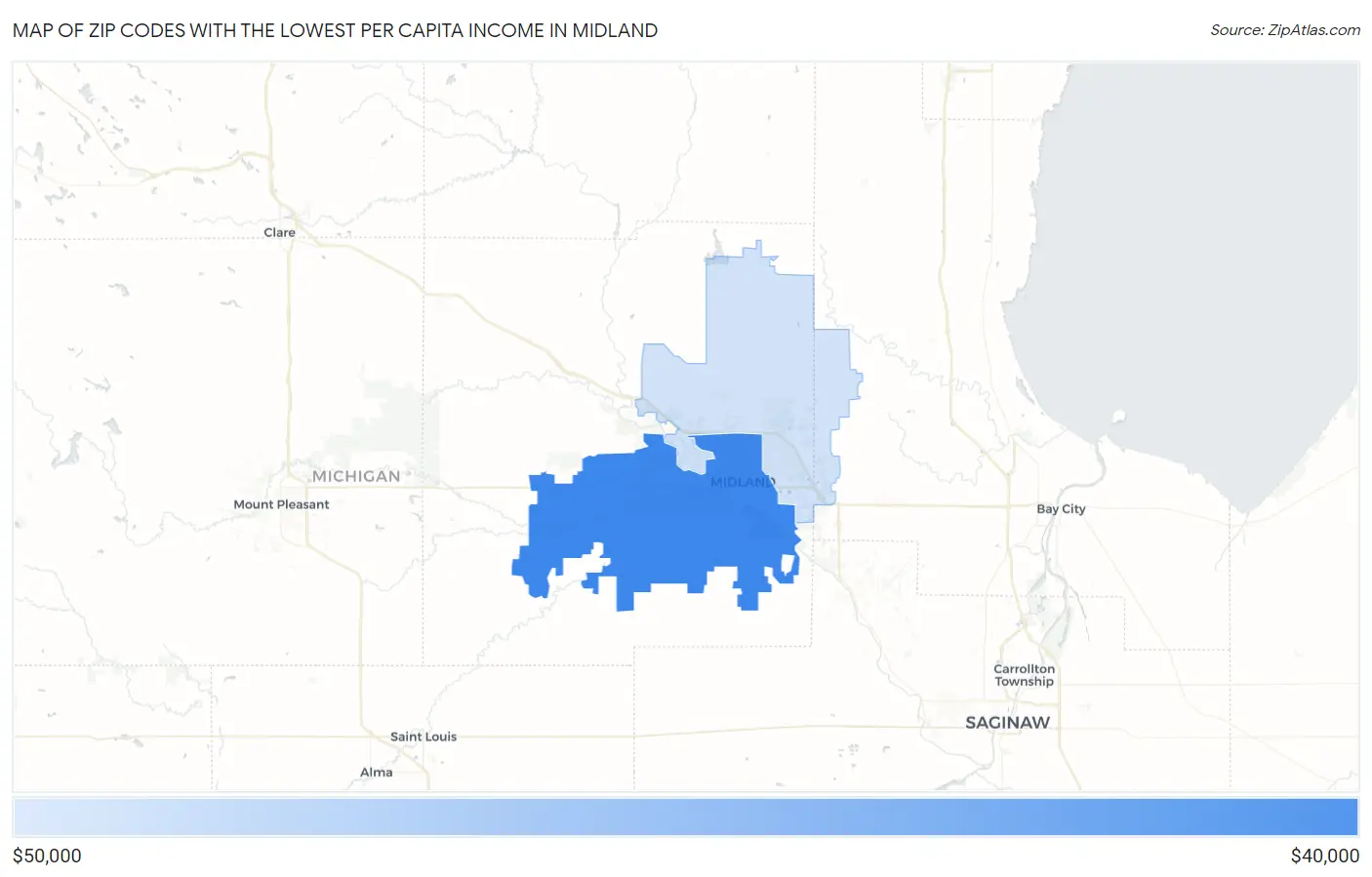 Zip Codes with the Lowest Per Capita Income in Midland Map