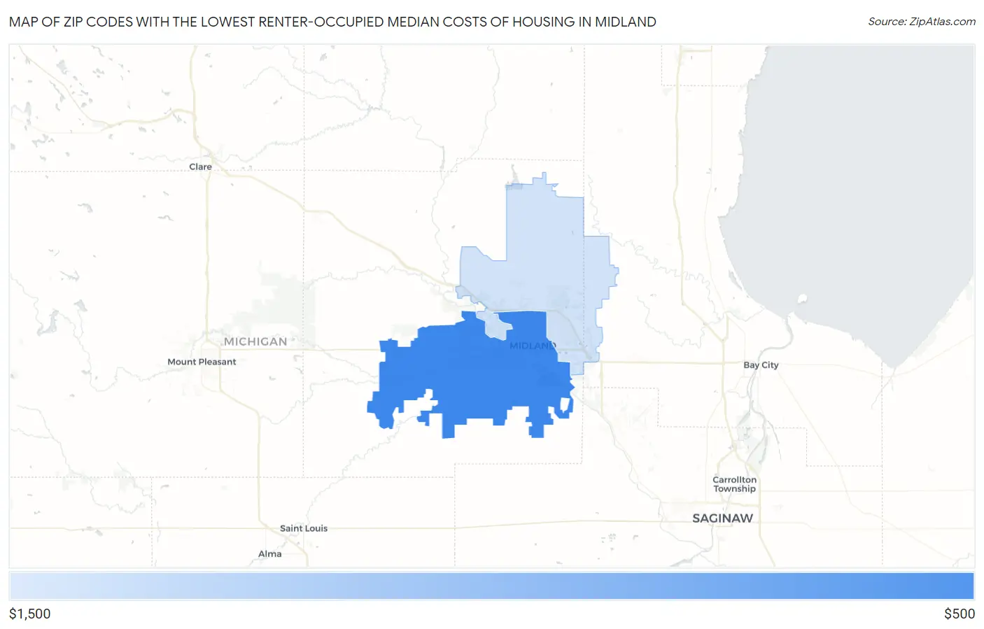Zip Codes with the Lowest Renter-Occupied Median Costs of Housing in Midland Map