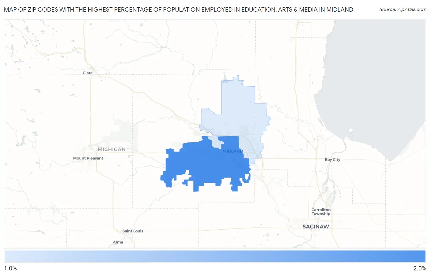 Zip Codes with the Highest Percentage of Population Employed in Education, Arts & Media in Midland Map