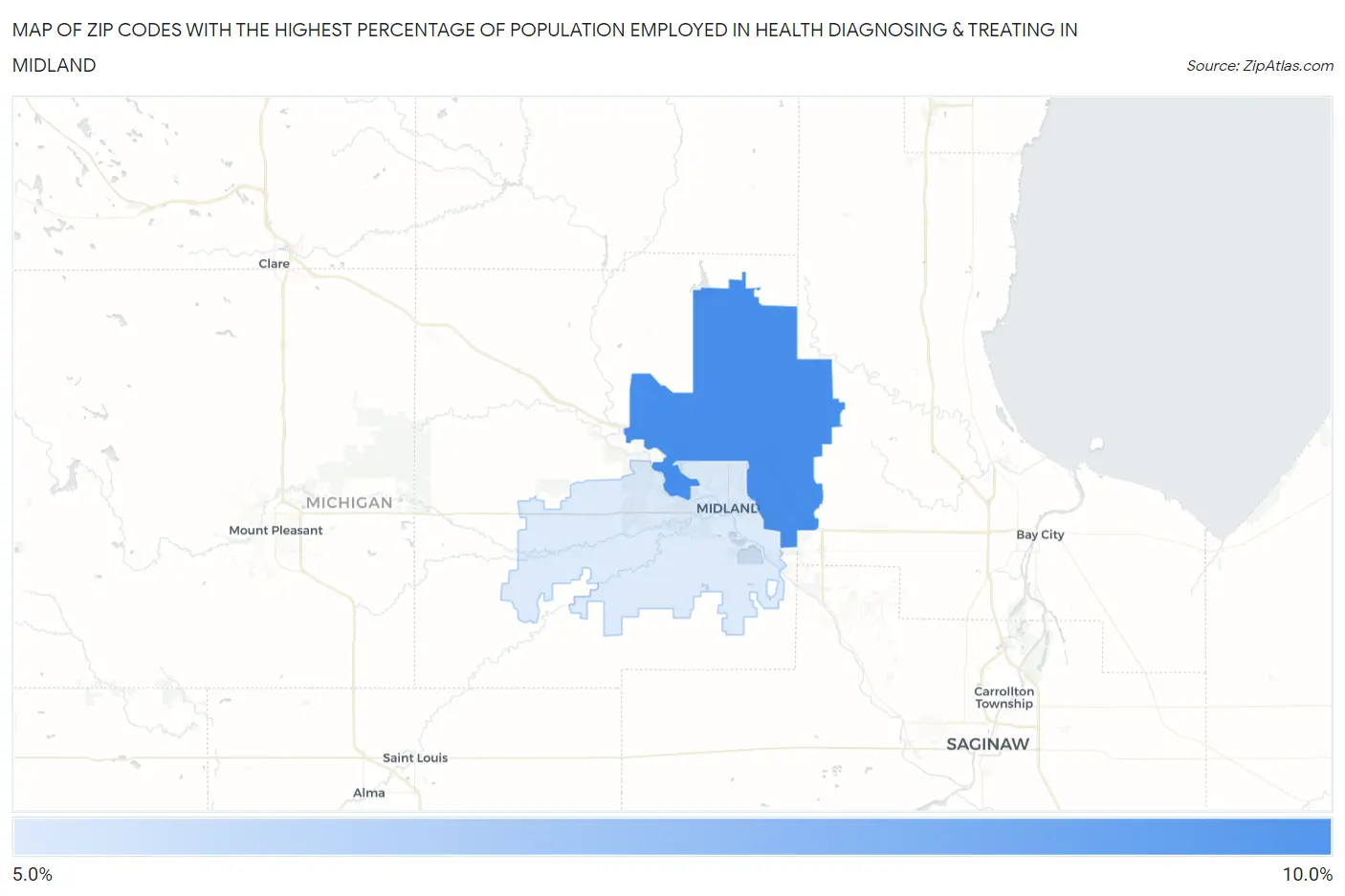 Zip Codes with the Highest Percentage of Population Employed in Health Diagnosing & Treating in Midland Map