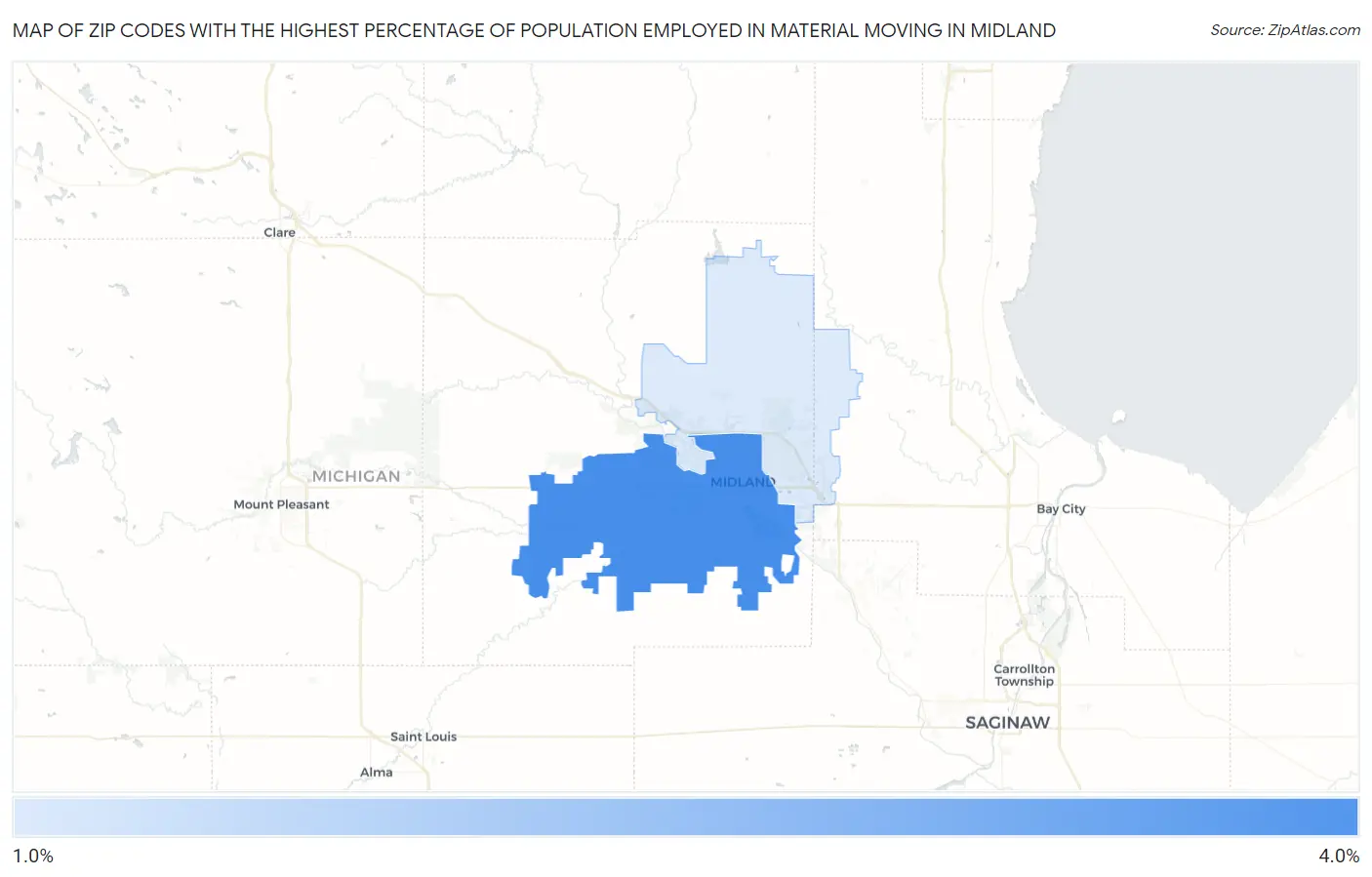 Zip Codes with the Highest Percentage of Population Employed in Material Moving in Midland Map