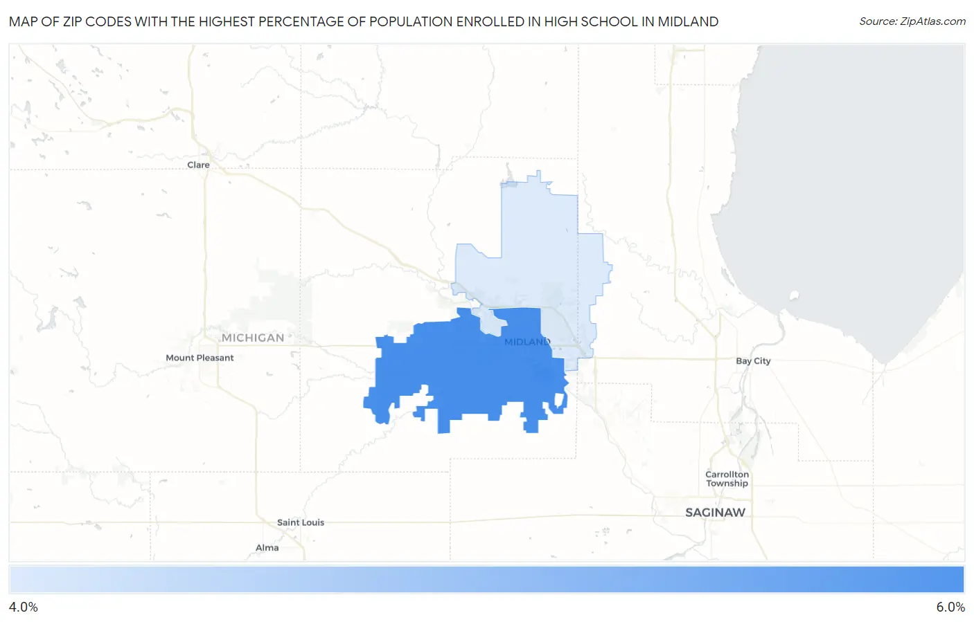 Zip Codes with the Highest Percentage of Population Enrolled in High School in Midland Map