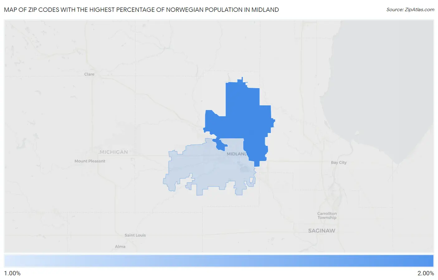 Zip Codes with the Highest Percentage of Norwegian Population in Midland Map