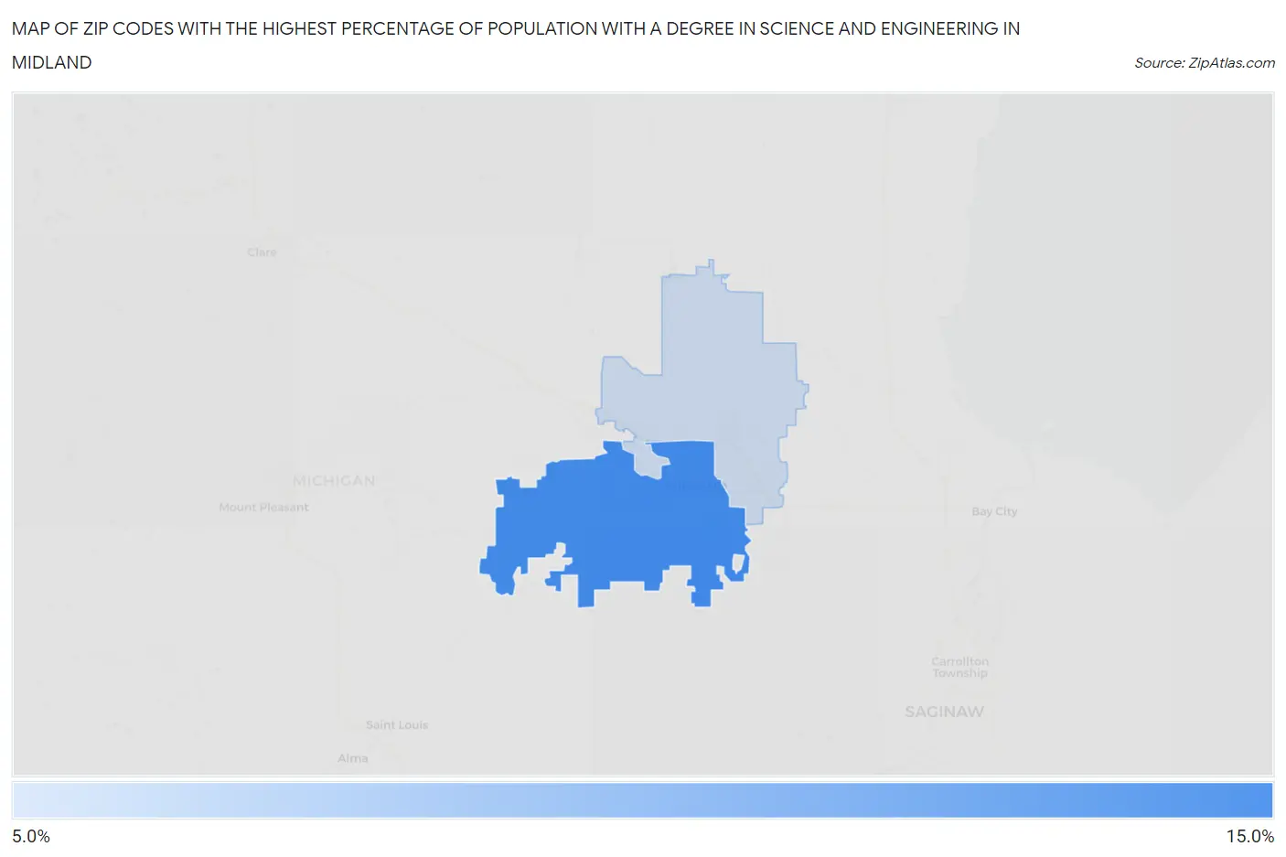 Zip Codes with the Highest Percentage of Population with a Degree in Science and Engineering in Midland Map