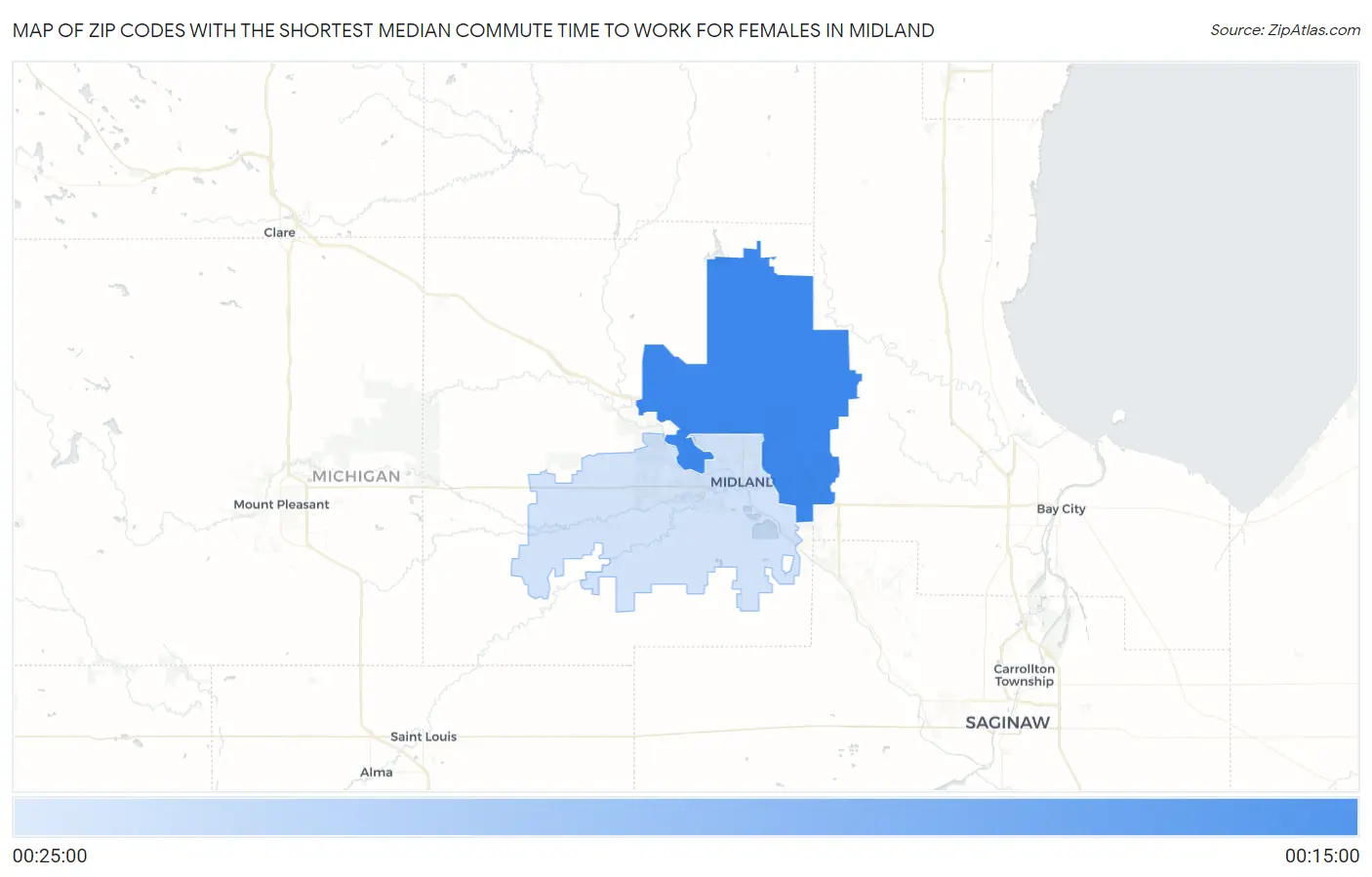 Zip Codes with the Shortest Median Commute Time to Work for Females in Midland Map