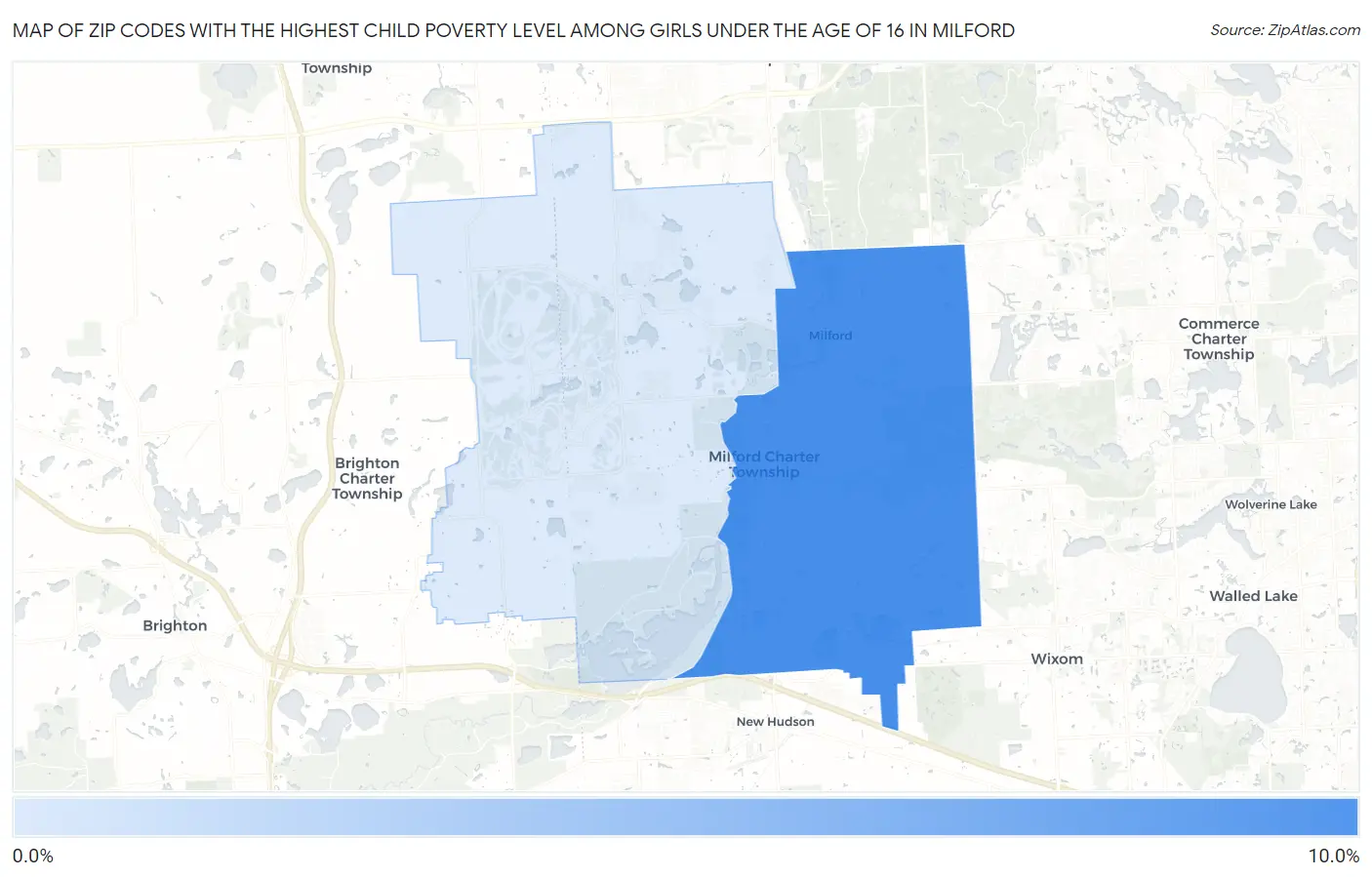 Zip Codes with the Highest Child Poverty Level Among Girls Under the Age of 16 in Milford Map