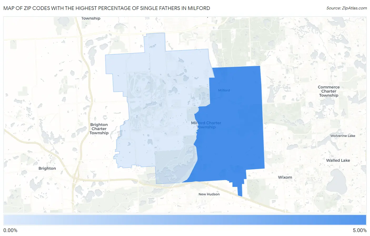 Zip Codes with the Highest Percentage of Single Fathers in Milford Map